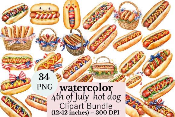 Celebrate with Watercolor 4th of July Hot Dog Clipart B