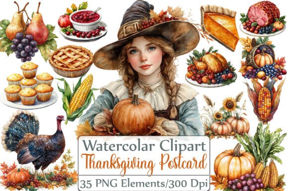 Vintage Thanksgiving Postcard Clipart for Creative Projects